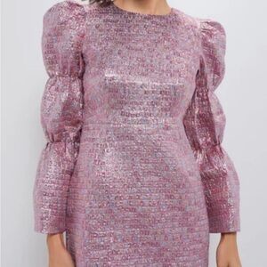 Metallic Pink Puff-Sleeve Long-Sleeve Dress by